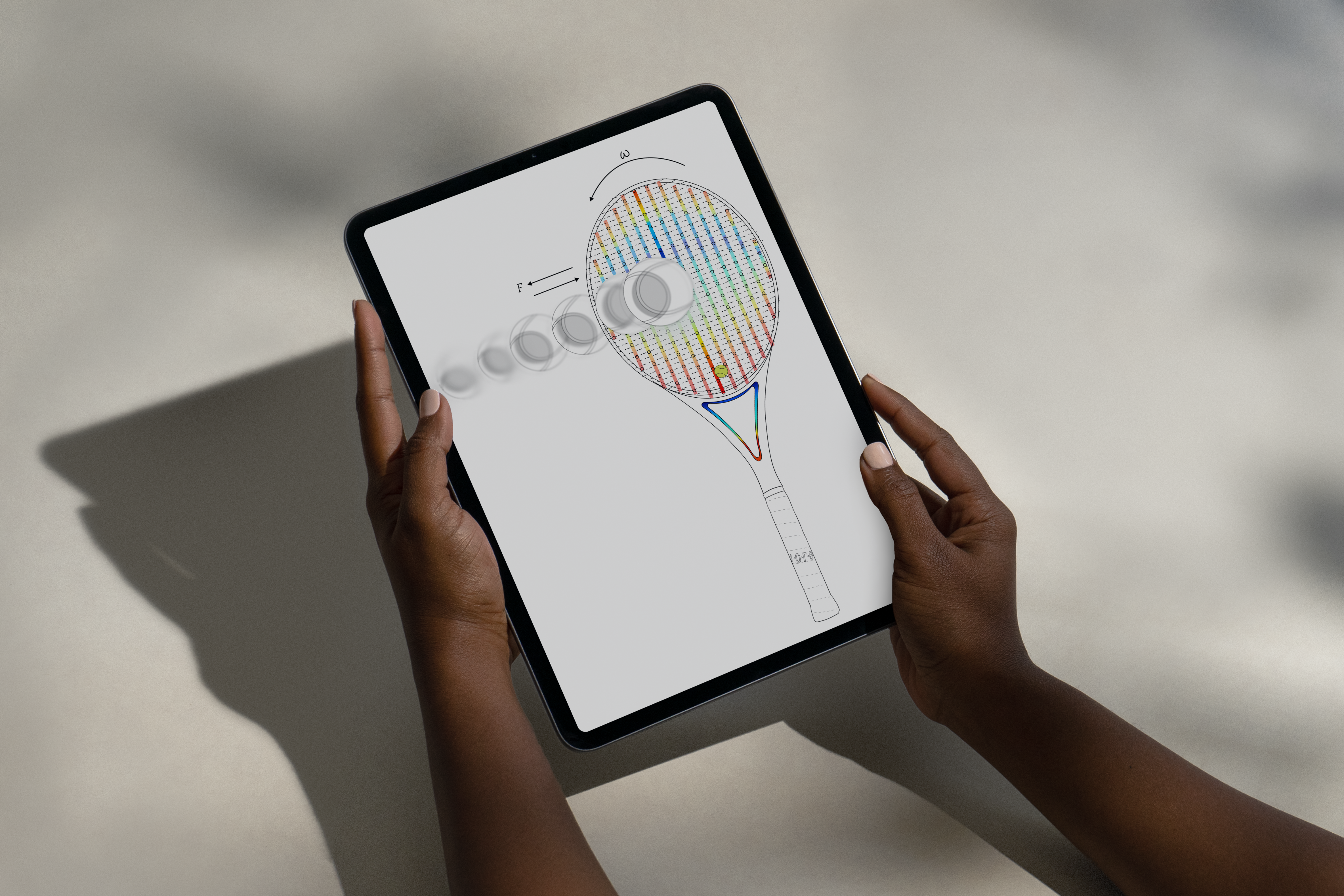 Tablet showing a tennis-racket diagram—colored string grid and ball-trajectory arrows—held in both hands
