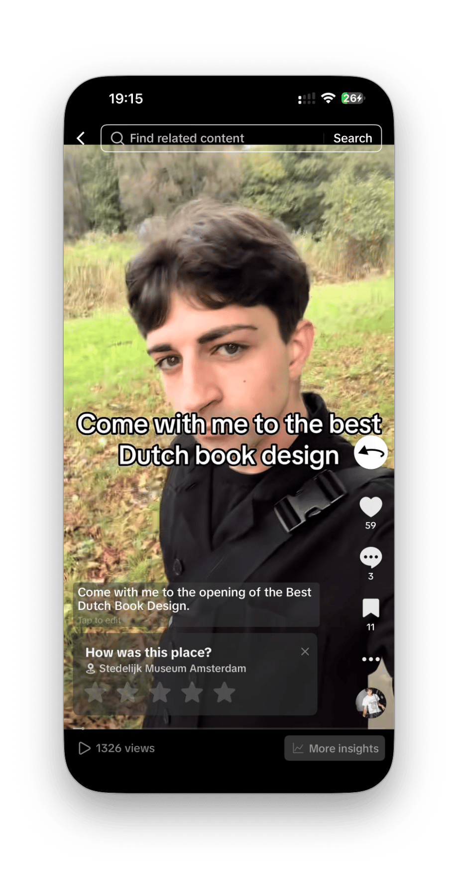 TikTok screenshot of a person outdoors with caption about Dutch book design and interface icons (Norm Cultura)