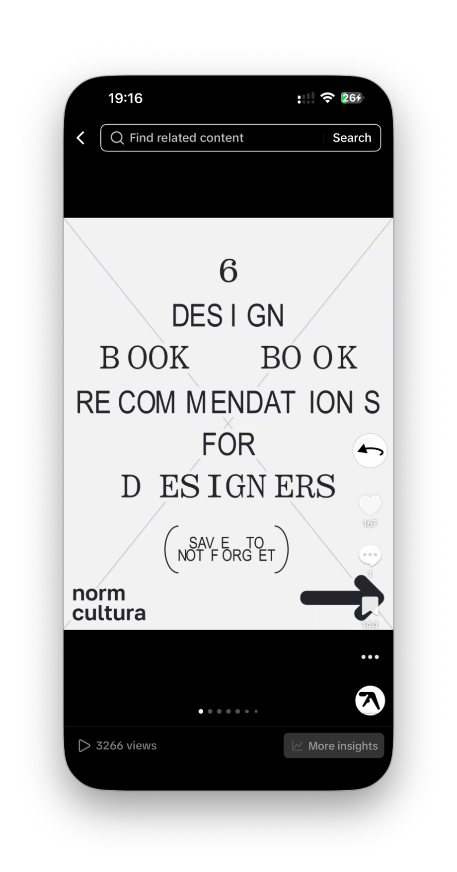 TikTok slide reading “6 Design Book Recommendations” in black text on a white background (Norm Cultura)