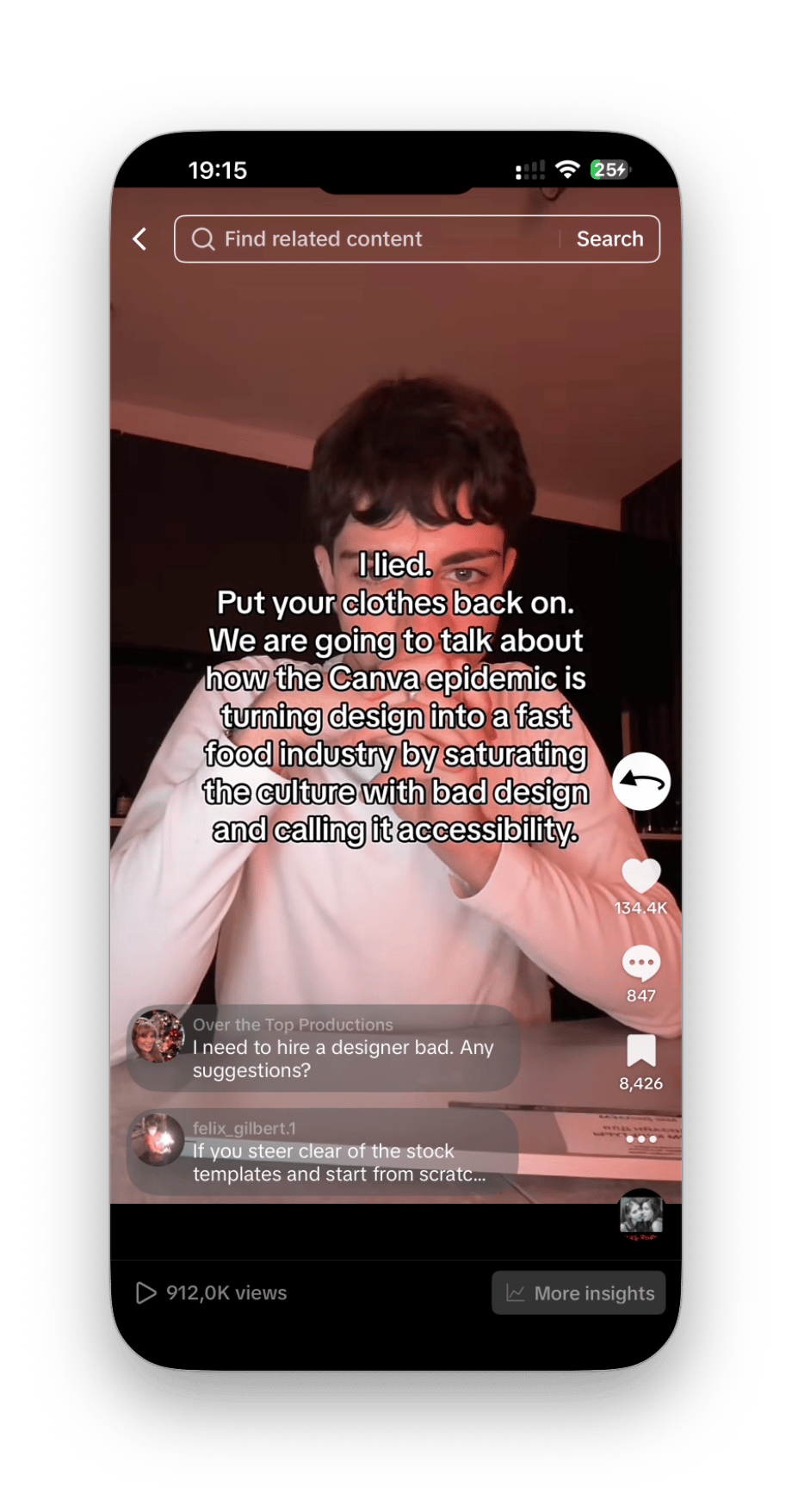 TikTok screenshot of a person speaking with caption text about design trends on the Norm Cultura account