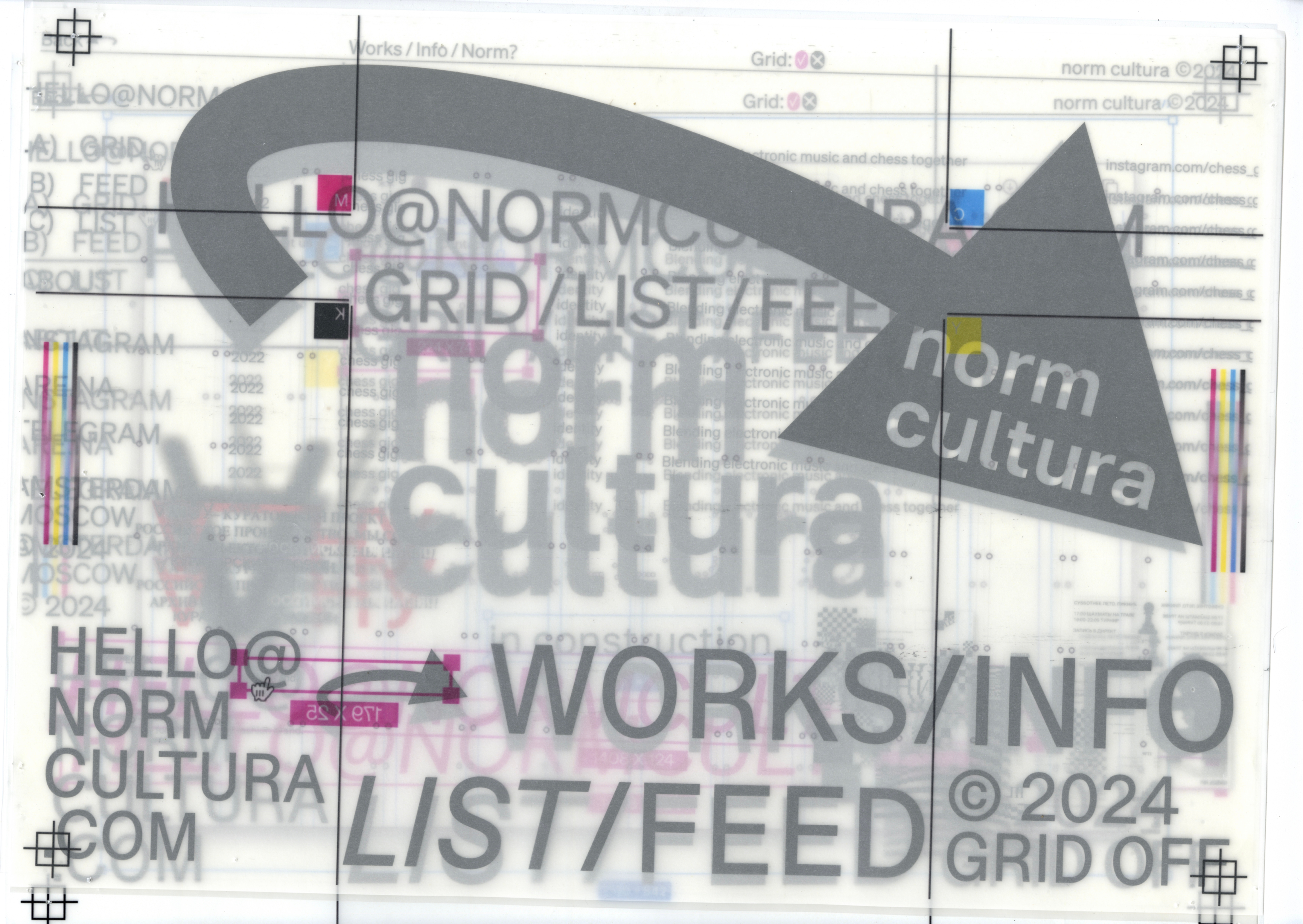 Layered overlay of “WORKS/INFO LIST/FEED” headers with grid guides and blurred duplicates on the Norm Cultura site