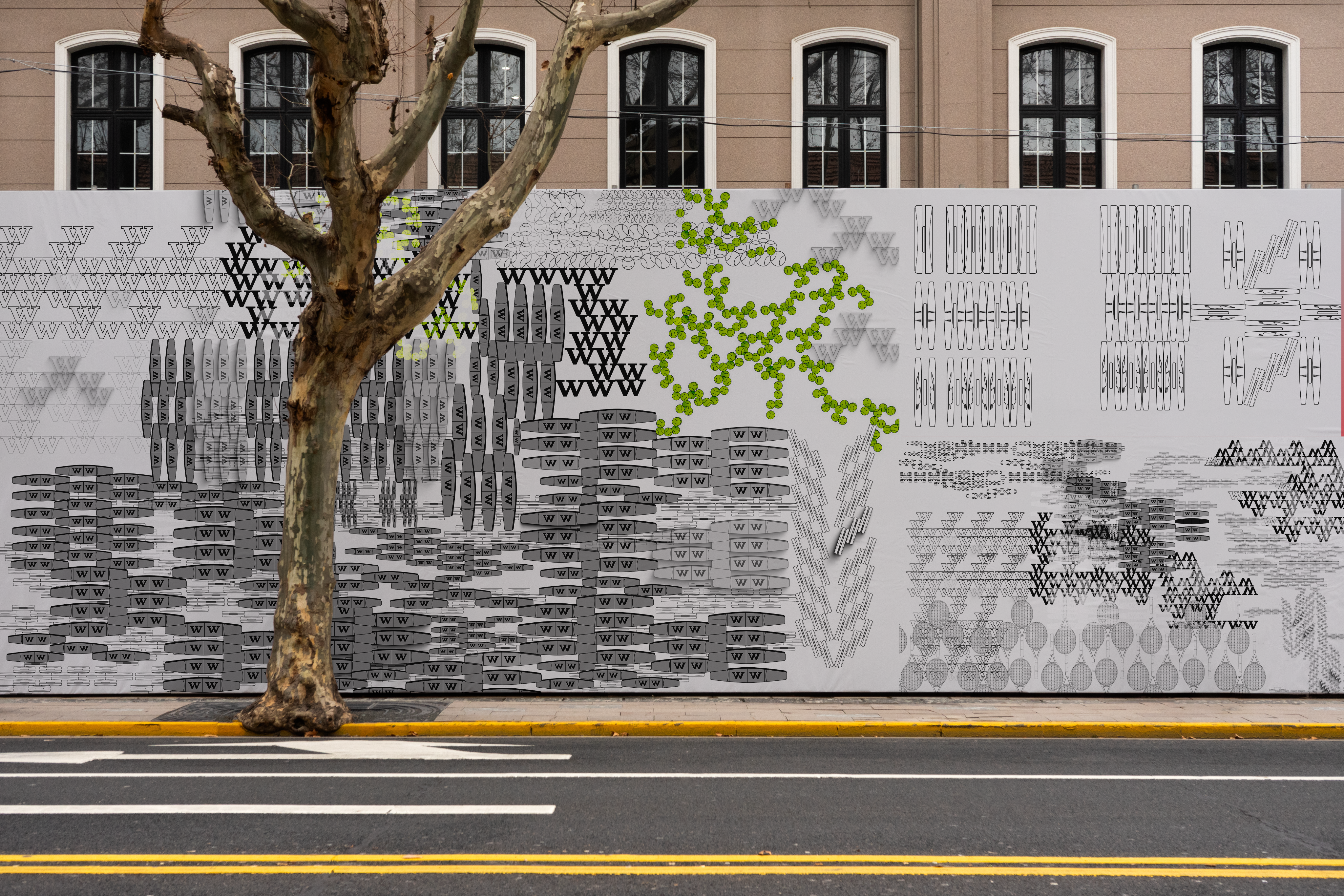 Street-length mural of modular tennis patterns—repeating ‘W’ motifs with clustered green nodes—on a white wall.